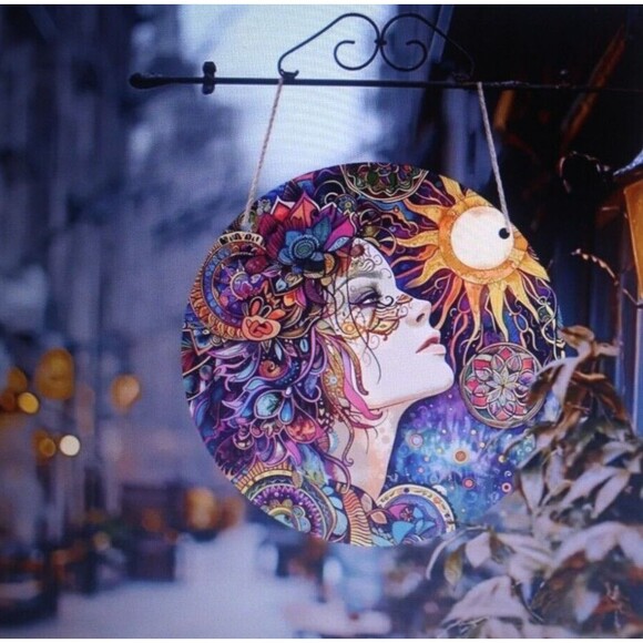 Girl & Moon Floral Decorative Metal Home Wall Decor 8" Round Gift Colorful NIP - Picture 7 of 8